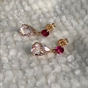 14K Yellow Gold Garnet & Pink Quartz Earrings